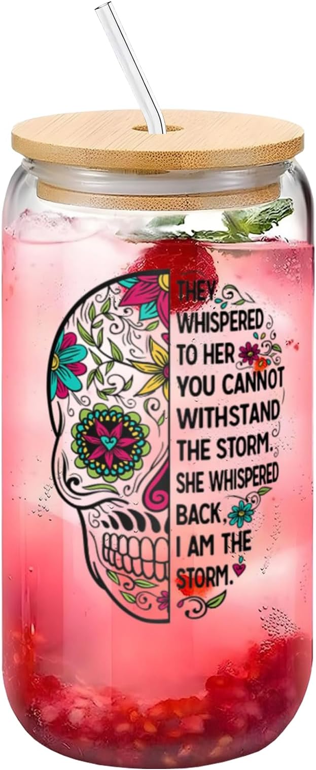 I Am The Storm Sugar Skull Transparent Glass Cup 16 OZ —— Bamboo Lid & Straw, The Glassware Great for Occasion, Hot and Cold Drinks