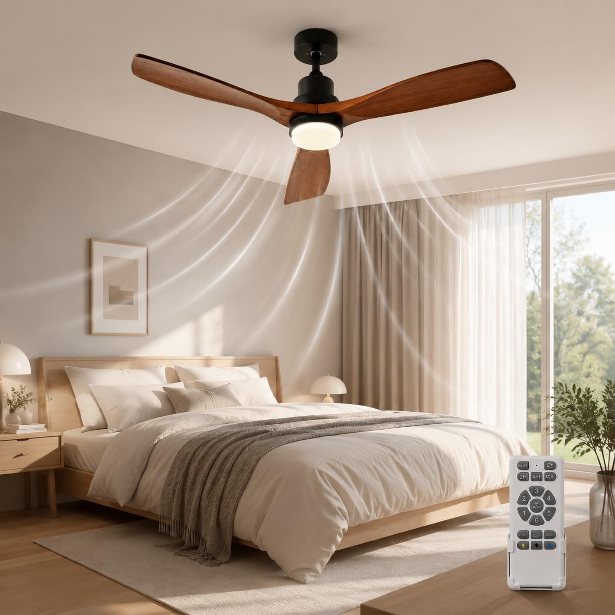 Ventilador de techo de 132 cm con iluminación y mando a distancia, motor DC silencioso, 3 aspas, 6 velocidades, temporizador, funcionamiento verano invierno para dormitorio (Negro)