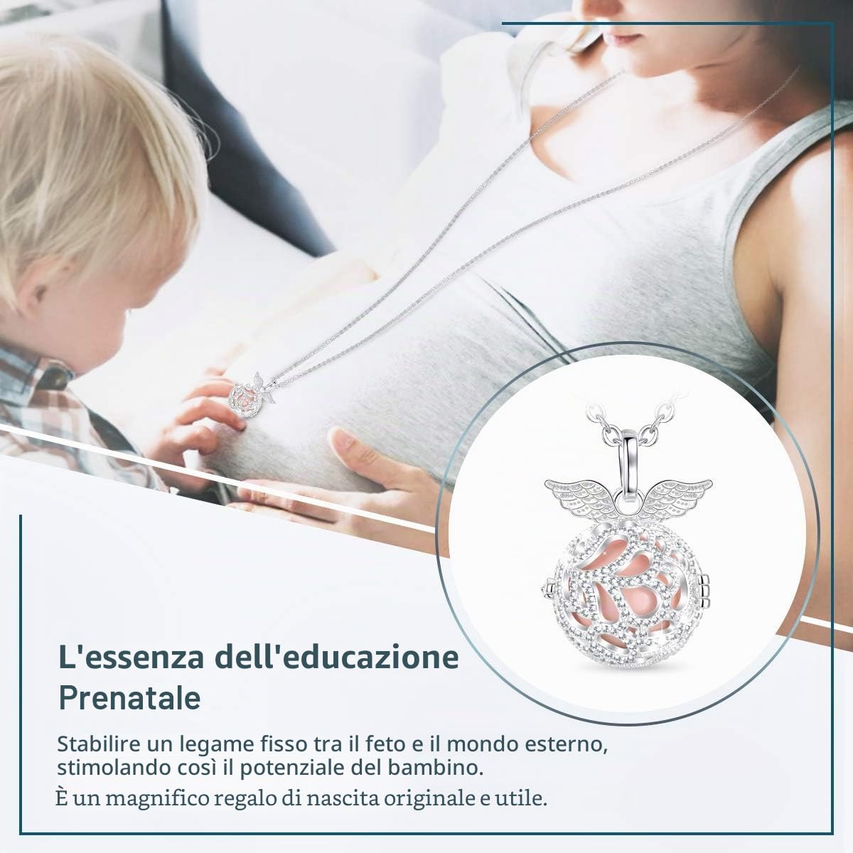 AEONSLOVE Collana Angeli Gravidanza, Collana Lunga Donna Ali d'angelo Con Ciondolo Chiama Angeli Bola Messicana Maternita per Mamma e Bambino Regalo Originale Bel Gioielli