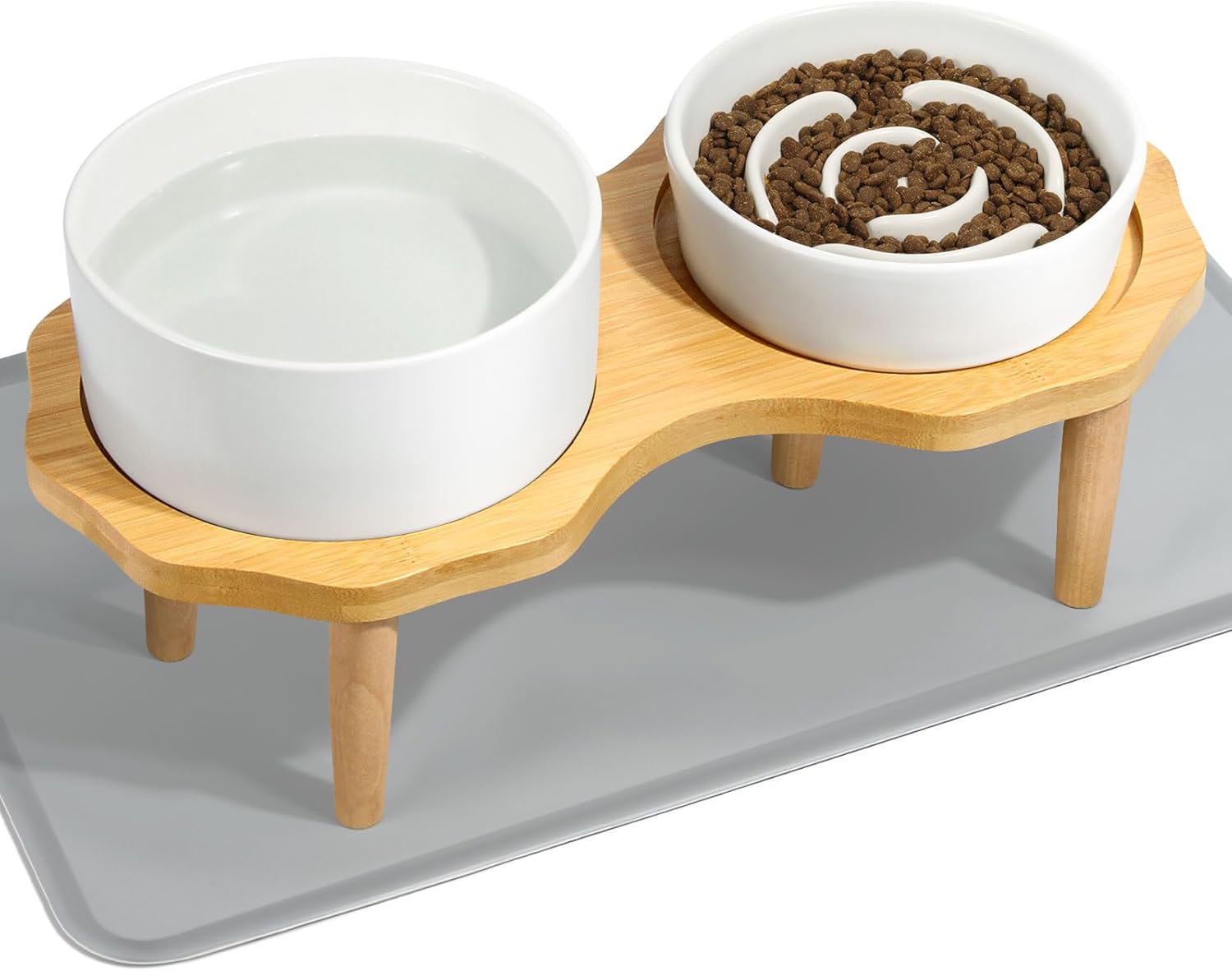 4-in-1 Elevated Dog Bowls Set with Non-Slip Wooden Stand-Ceramic Slow Feeder and Water Bowl-Scratch Resistant Silicone Pad, 27.8 OZ - 850 ML/1 Cup 8 OZ Two Pet Bowl for Small Medium Large Cat or Dog