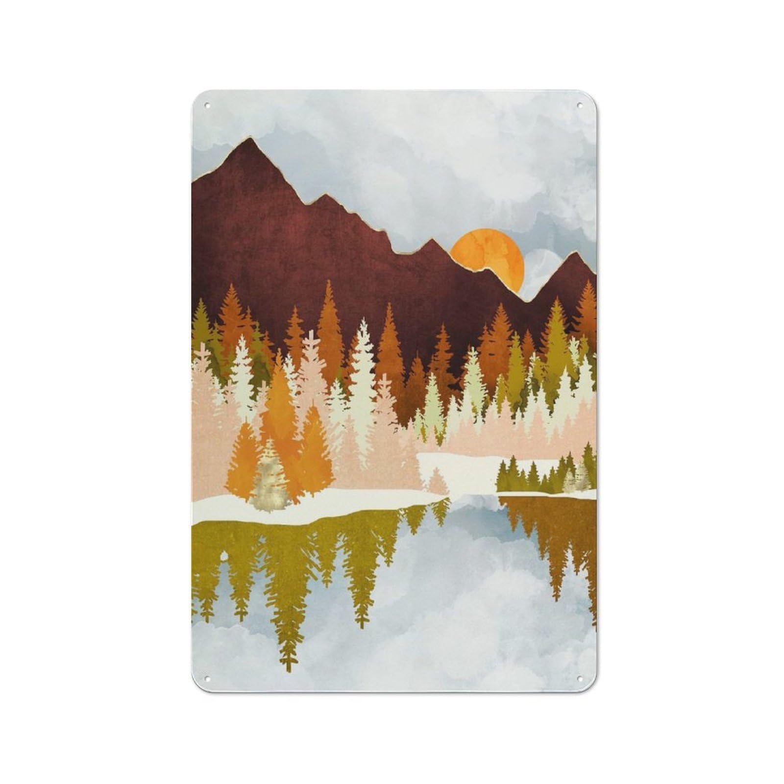 Junmoney Style-14 Tin Wall Plaque 30X20cm With Winter Lake Forest For Home Office Or Studio, For Garage, Workshop And Man Cave Decoration