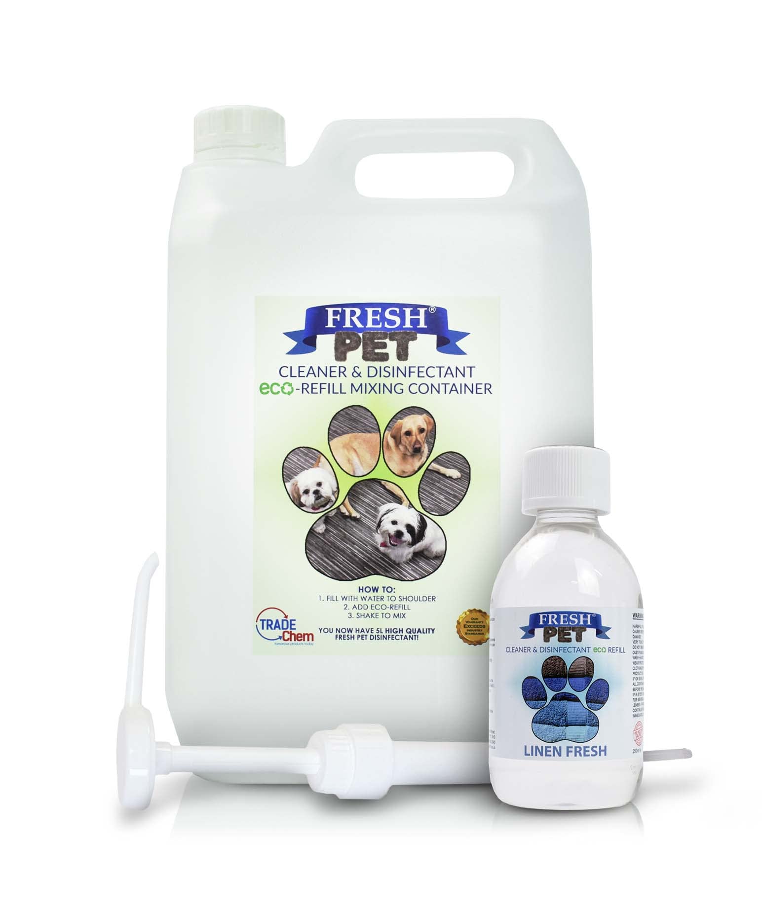 – Fresh Pet eco-Refill Kennel Disinfectant 250ml w/Empty 5L + Pump (LINEN FRESH)