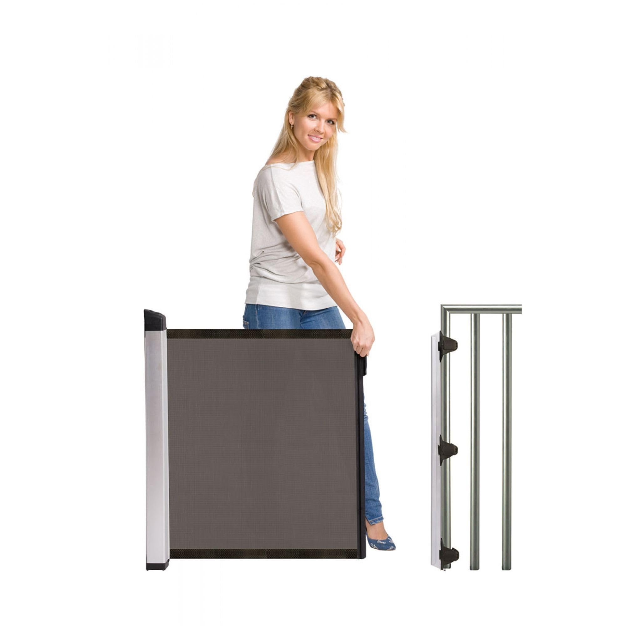 Lascal KiddyGuard - Barrera frontal de seguridad discreta para escaleras - Barrera de puerta enrollable de lona con carcasa de aluminio - Panel extensible hasta 120 cm - Negro