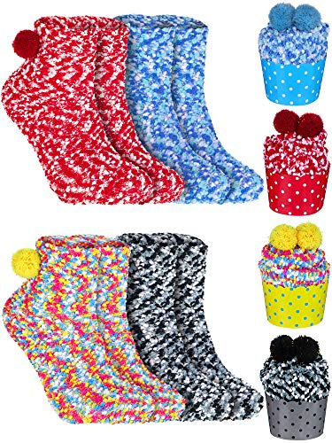 SATINIOR 4 Pairs Valentine's Day Socks Fuzzy Plush Socks Colorful Fluffy Socks with Cupcake Packaging and Box (Red, Black, Yellow, Blue), suitable for women shoe size of 5 - 10