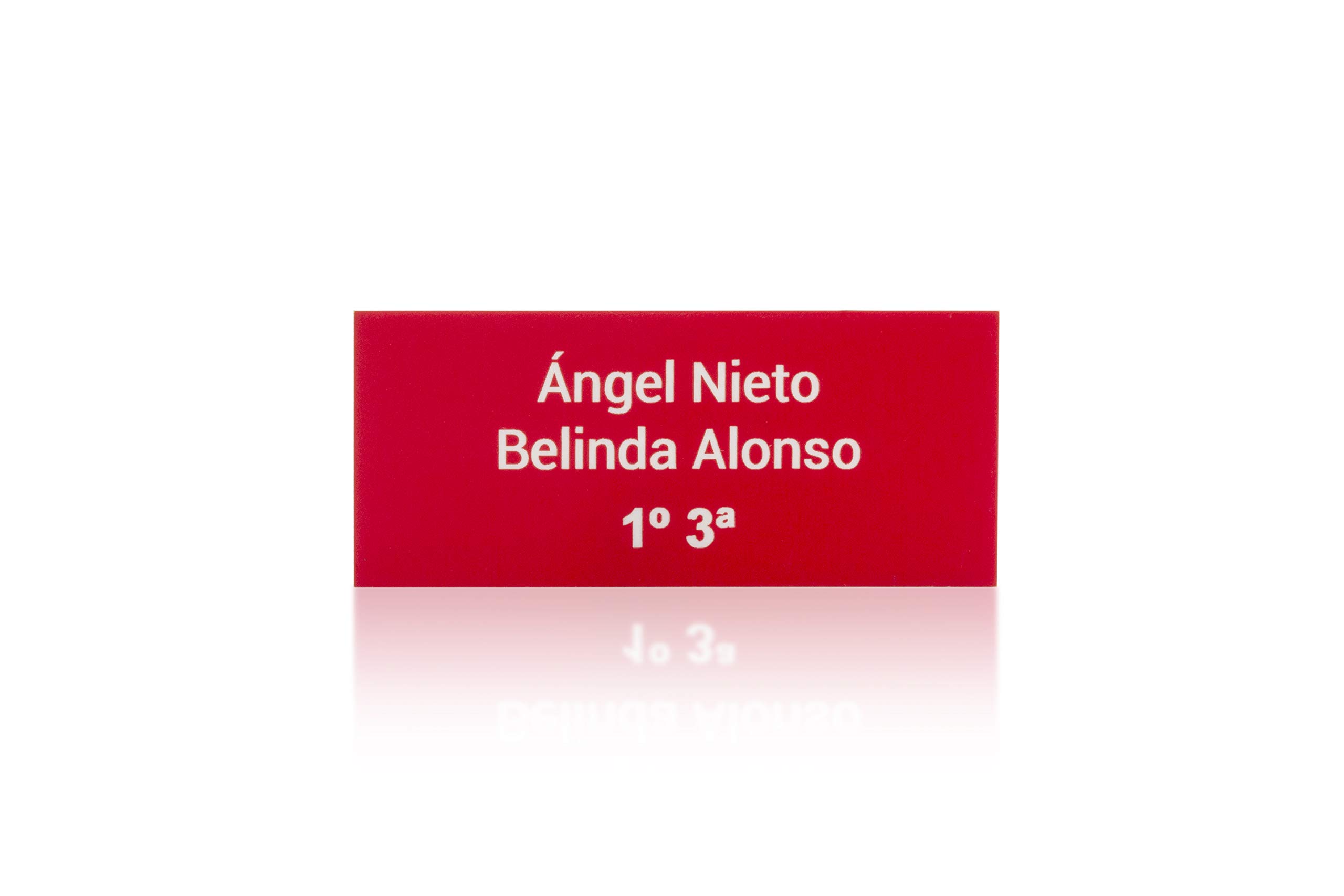 Plastic Mailbox Plate for Outdoor Red and White Engraving. Ultra-resistant self-adhesive tape. Thickness 1.5 mm and maximum size 100 x 40 mm