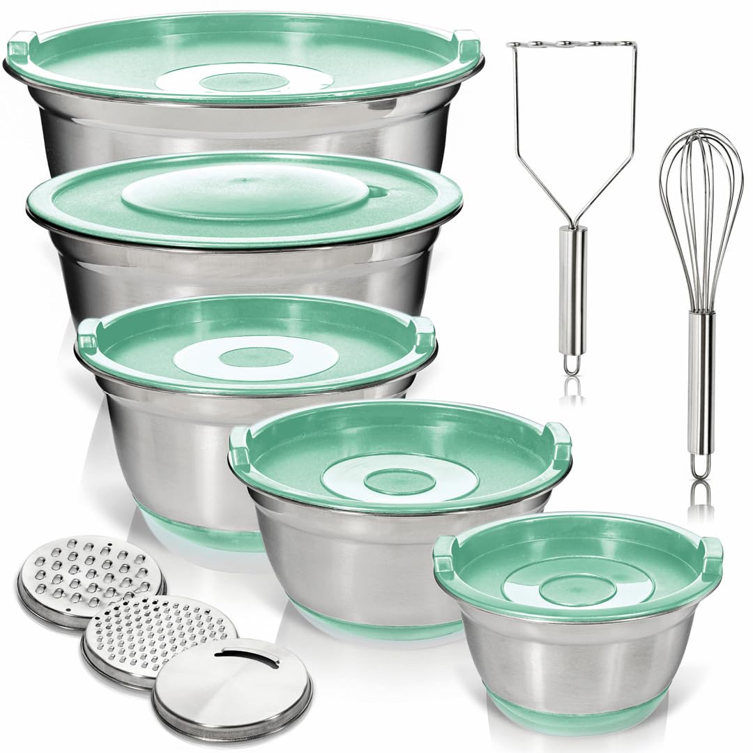 WHYSKO® Cuencos para mezclar de acero inoxidable con tapas más batidor de acero inoxidable, triturador de patatas y tapas de rallador, 5 cuencos de mezcla y herramientas de cocina para preparación de