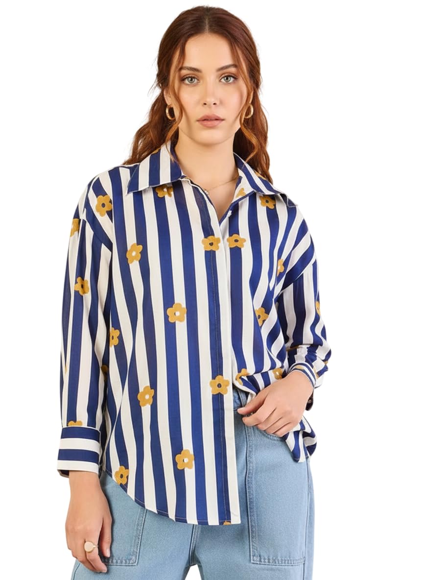 leriya fashion Women Rayon Floral Stripe Printed Summer Shirt | Full Sleeve Collared Button Down Casual & Formal Top for Women | Breathable Lightweight Regular Fit Office Wear Western Shirt for Girls-picture-53