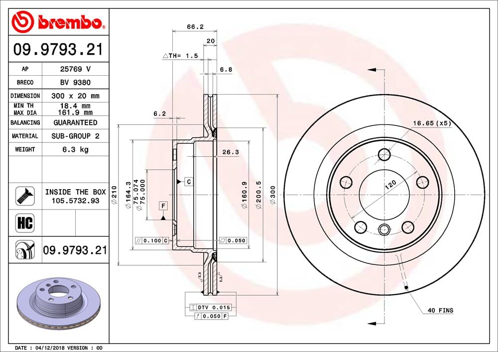 Brembo 09.9793.21 - Disco freno posteriore con rivestimento UV. Set di 2 dischi