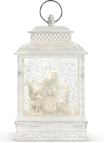DEMDACO Natividad blanca envejecida LED 10 x 6.25 acrílico musical bola de nieve linterna de Navidad juega noche silenciosa en un pesebre
