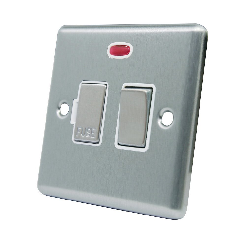 AET CSCSFNWS 13 A Satin Finish Chrome Classical Switched Fused Spur Connection Unit with White Insert Metal Rocker Switch and Neon Indicator