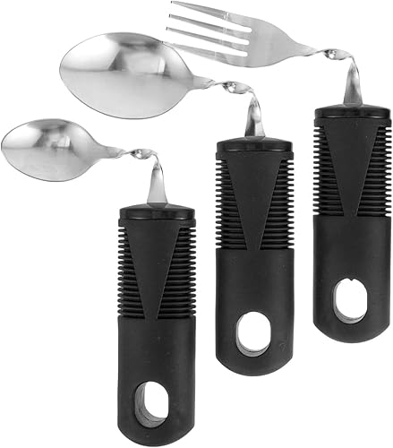 Beavorty Utensilios adaptativos 3 piezas de cuchara curvada tenedor con no asas de acero inoxidable para comer cubiertos para temblores de manos