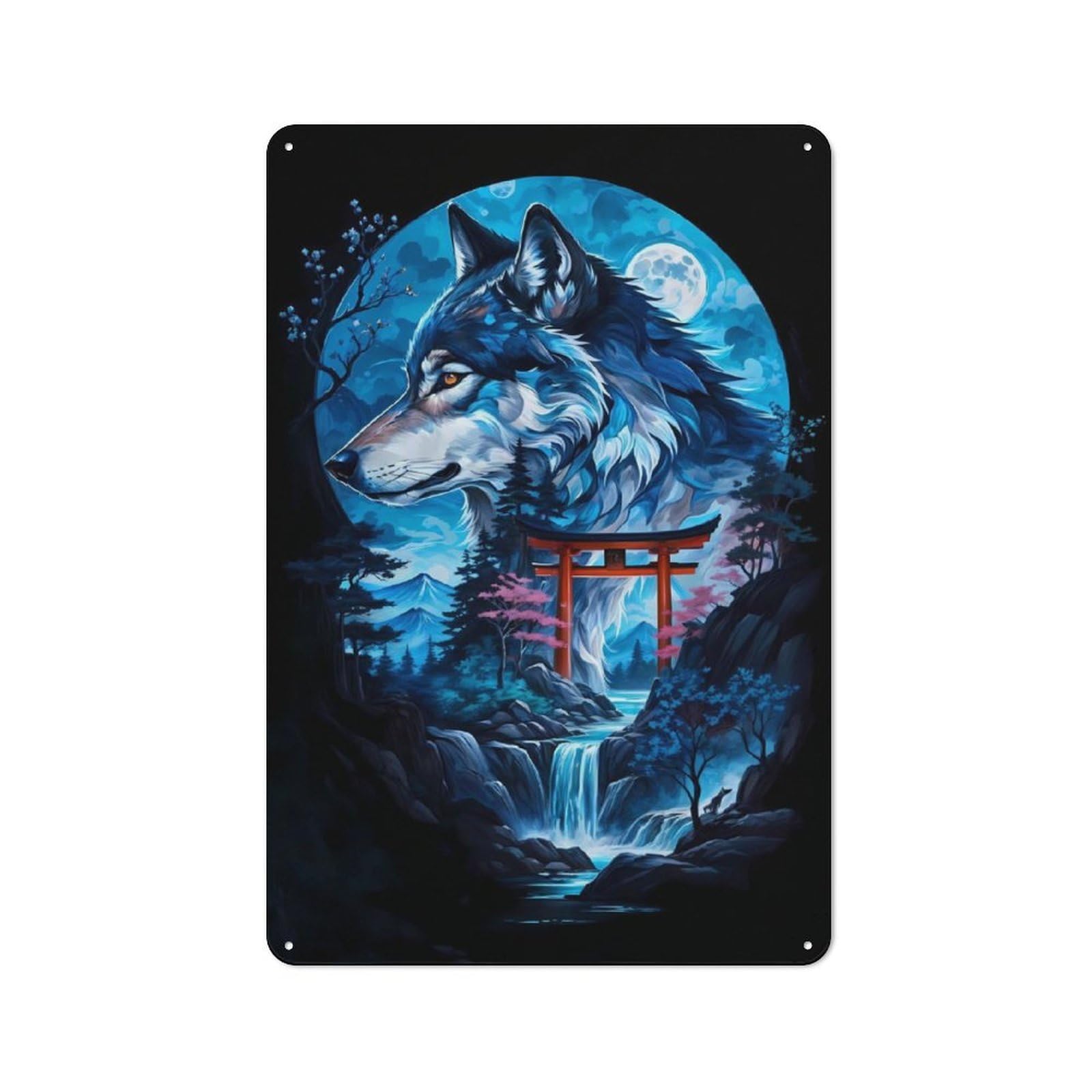 Tin Sign 30x20cm with Wolf Silhouette Torii Gate for Pub Or Café, Rustic Decor, Wall Decoration for A Recently Updated Pub And Café