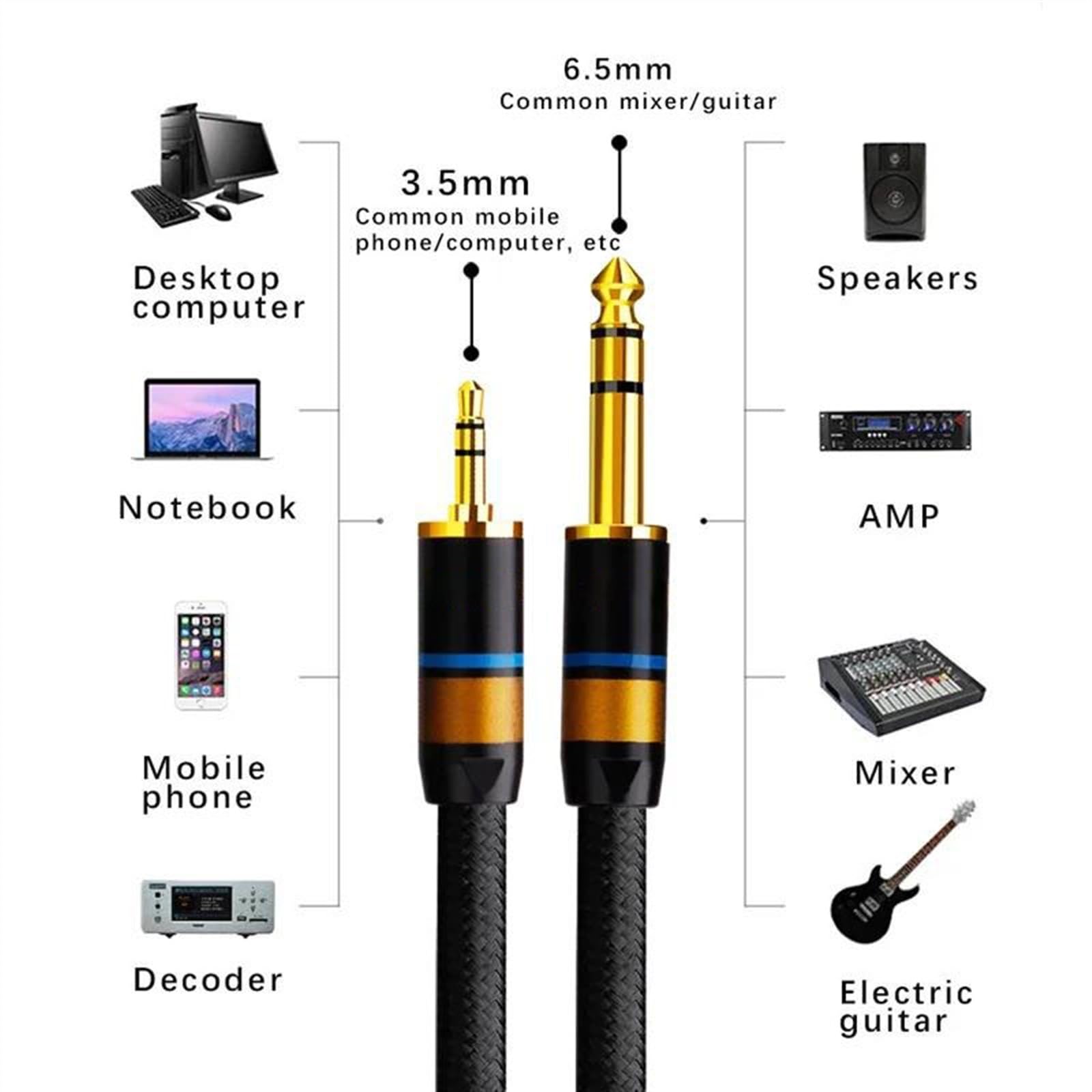 kabel audio instrumentu muzycznego Kabel 3,5 mm do 6,5 mm Kabel Jack 3,5 do 6,35 męski do męskiego Kabel AUX do gitary Mikser Wzmacniacz Odtwarzacz CD Głośnik(2m)
