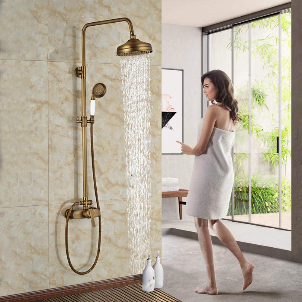 YNIYUJKL Shower Set Wall Mounted Antique Brass 8 Inch Round Rainfall Shower Head Wide Tub Spout Brass Hand Sprayer Mixer Tap-A