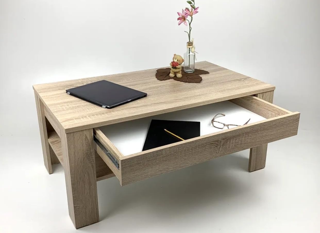 Unbekannt Couchtisch mit Schublade Wohnzimmertisch (EWA) Sonoma Eiche hell Sägerau 100 x 54x 43,5 cm