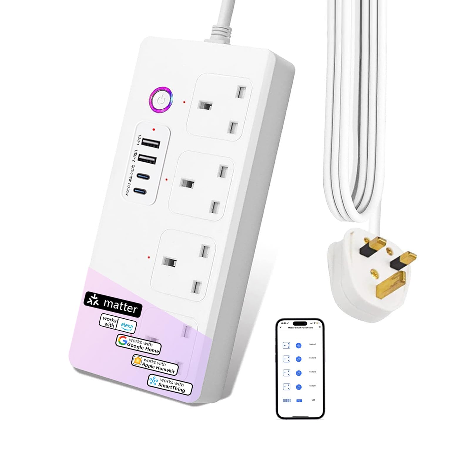 Jinvoo Matter Smart Power Strip, Surge Protector, USB Extension Cable for Apple HomeKit, Alexa, Requires Matter Hub, 13A