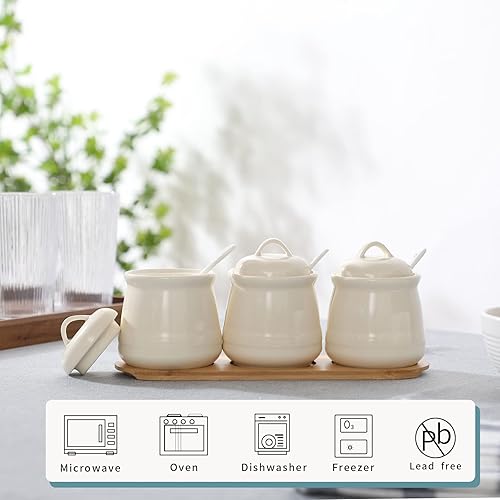 Vista 8 de HAOTOP Juego de 3 tarros de porcelana para condimentos con bandeja, 12 onzas, color blanco