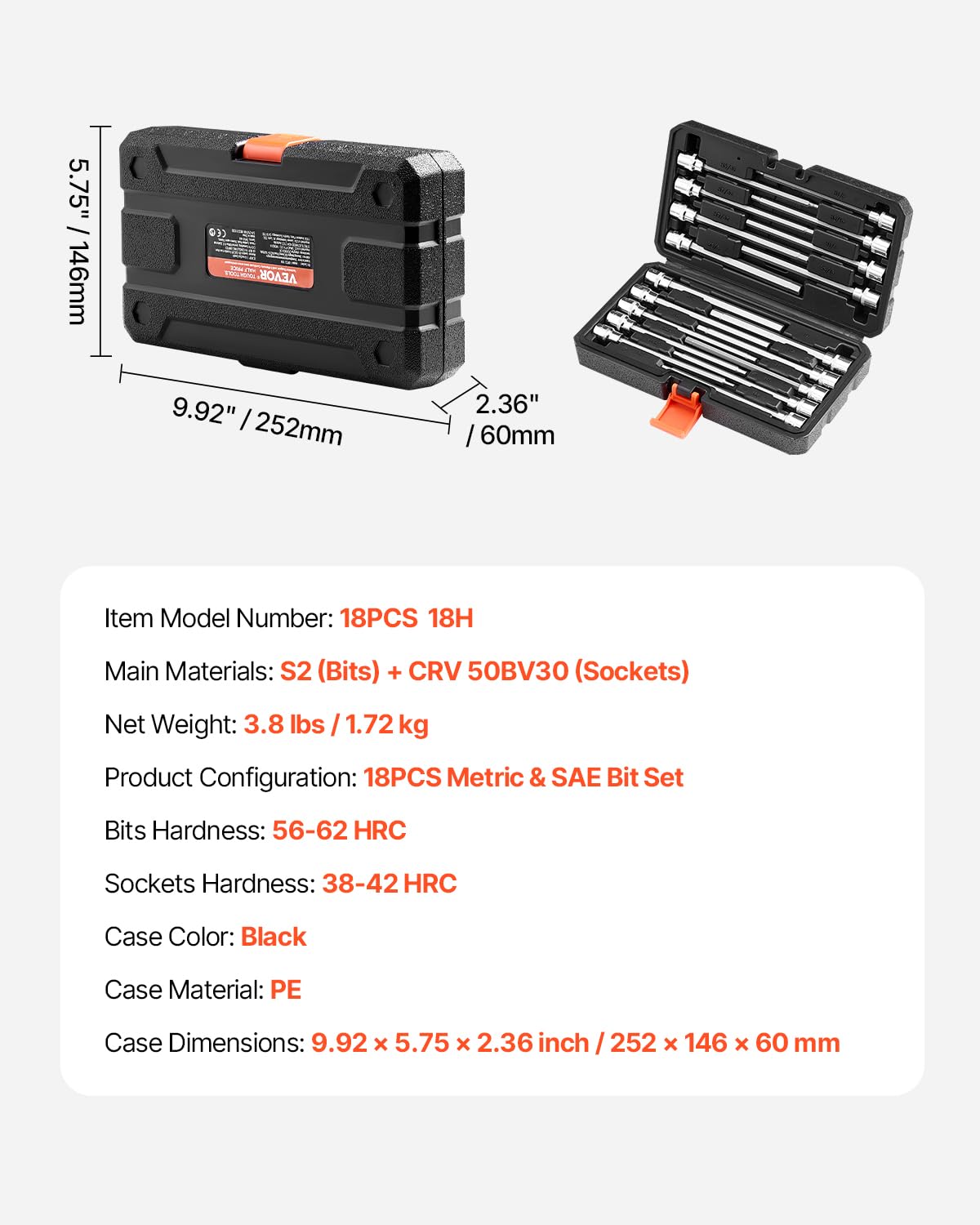 VEVOR Set di Chiavi a Bussola Esagonali Lunghe per Meccanici 18 Pezzi Attacco da 3/8 pollice in Acciaio Legato S2 Acciaio Cr-V, Standard SAE e Metrico da 1/8 pollice a 3/8 di pollice, 3-12 mm