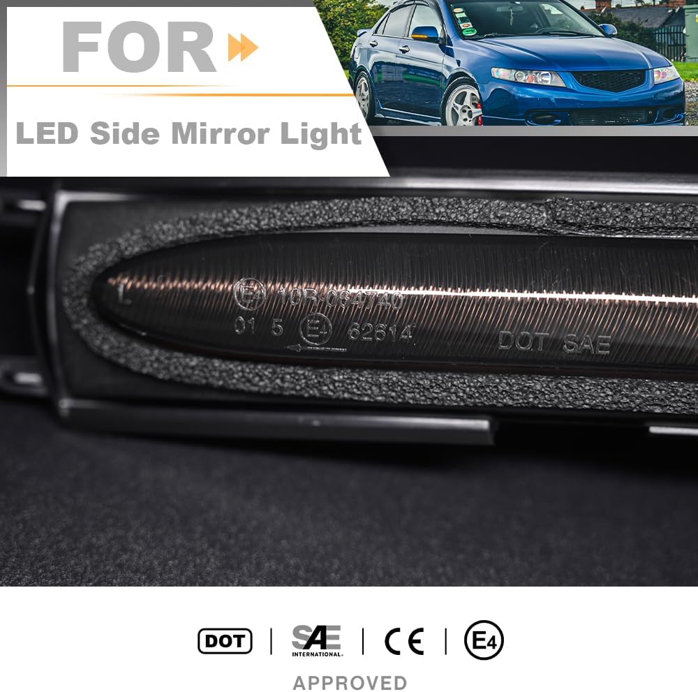 Sequential LED Side Mirror Turn Signal Light for 2004-2008 Hon'da Accord Hybrid/Acura TSX Amber LED Strips Side View Mirror Blinker Indicator Lamp Replacement Smoked Lens