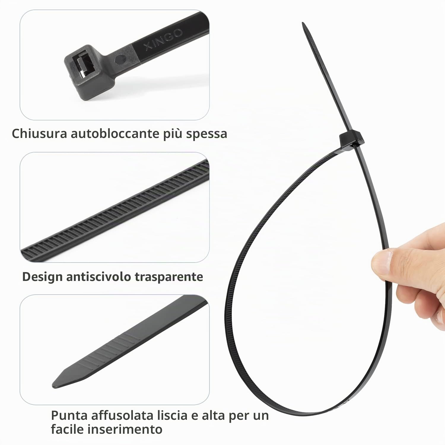 XINGO 100 Pezzi LungheFascette Plastica per Cablaggio Nero, 600mm x 9mm, Resistenza Alla Trazione 80 kg, Fascette per cavi grandi Fascette in nylon