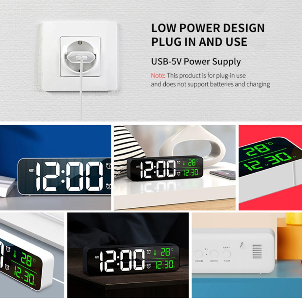Reloj Despertador Digital LED Blanco 5 Niveles de Brillo Ajustable y 40 Melodías Clásicas para Decoración del Hogar y Uso Enchufable