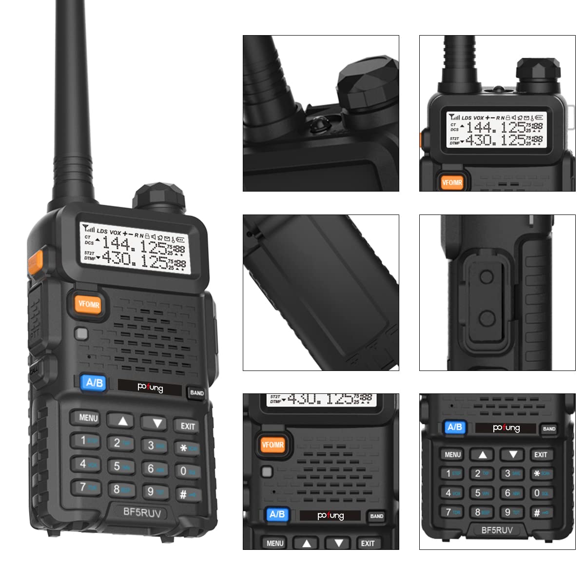 Walkie Talkie 5R Dual Band VHF/UHF Ricaricabile Radio Bidirezionale con 128 Canali VOX Caricatore USB Lunga Distanza Due Vie Radio (Nero), (BF5RUV)