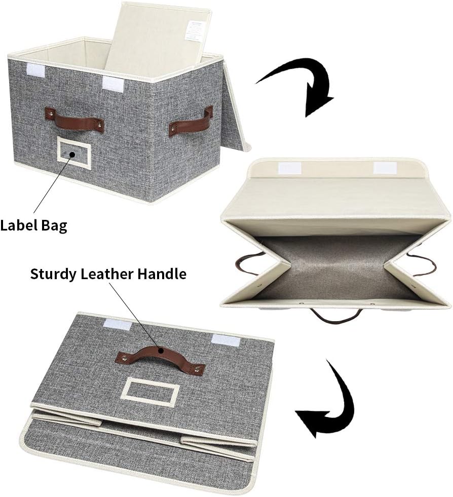 Sofier Storage Boxes with Lids 3 Pack Foldable Storage Bins with 3 Handles and Label Sturdy Decorative Fabric Baskets for Shelves Toys Books Clothes Organizer (Gray)