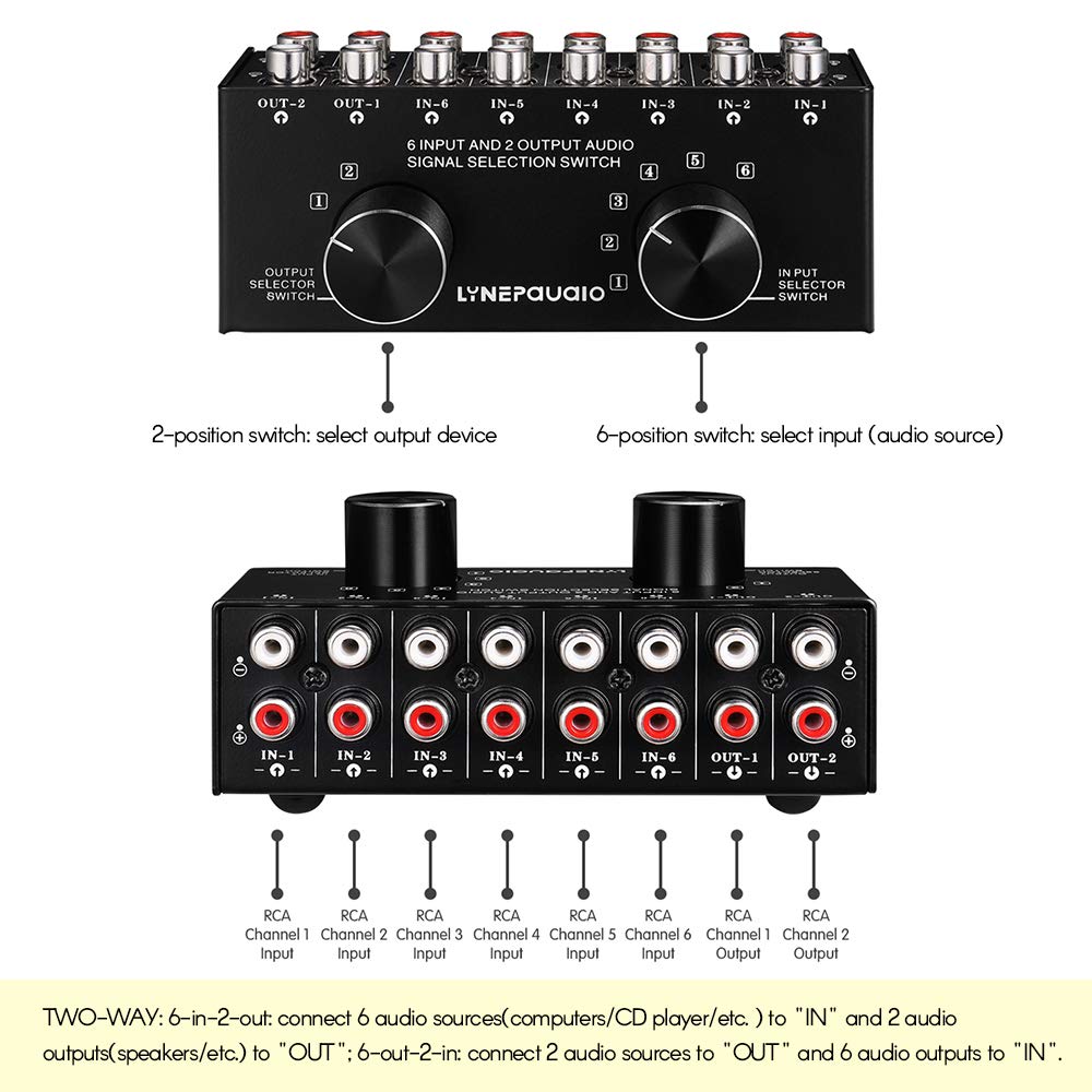 Conmutador de Audio Switch 6(2)-In-2(6)-Out,Caja de selección de señal de audio de dos vías Distribuidor divisor con entradas y salidas