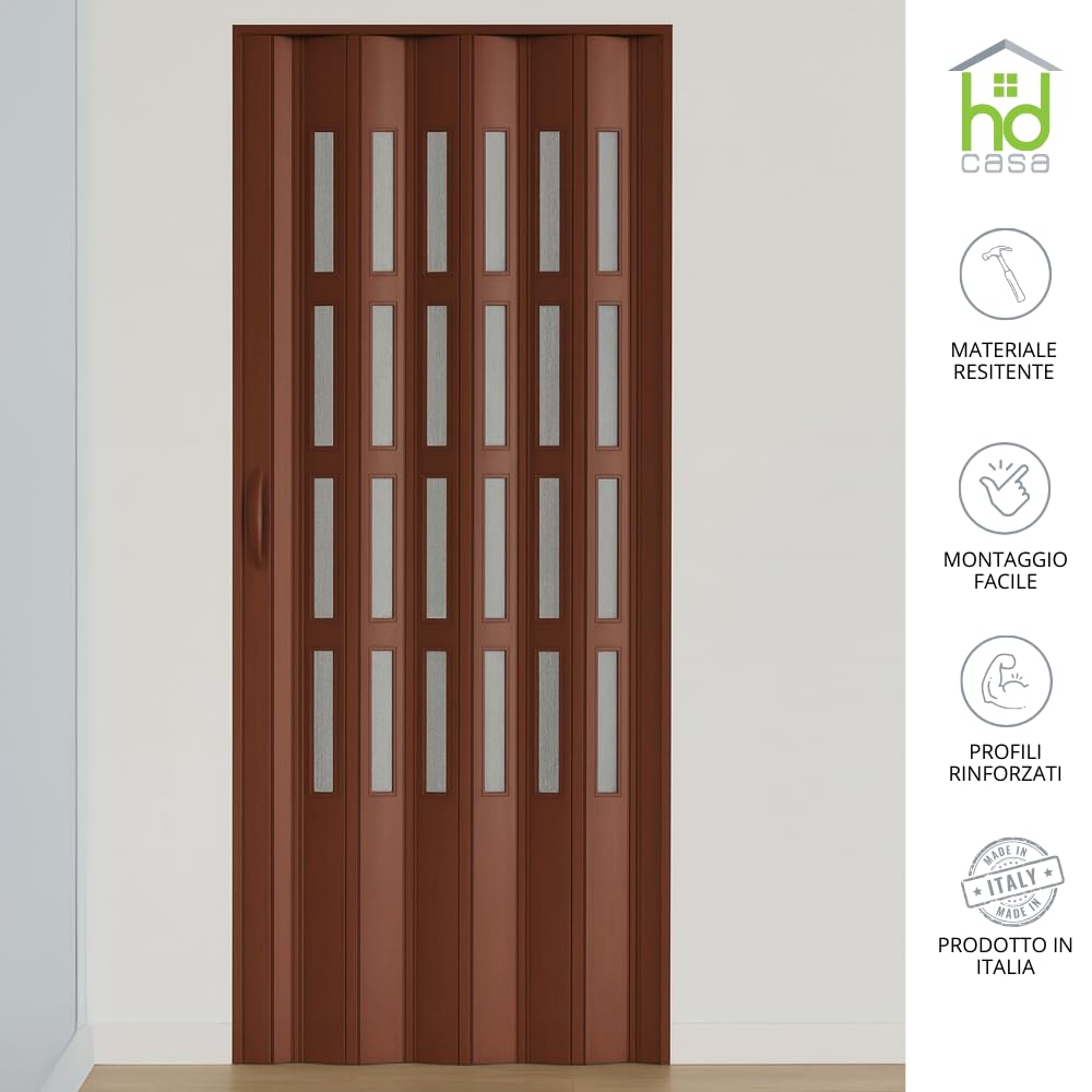 HD CASA Porta a Soffietto Modello Extra Standard, in PVC con Vetri Trasparenti, Reversibile e Regolabile in Altezza e Lunghezza, Fai da Te, Made in Italy, arredo casa, Noce 82x210 cm