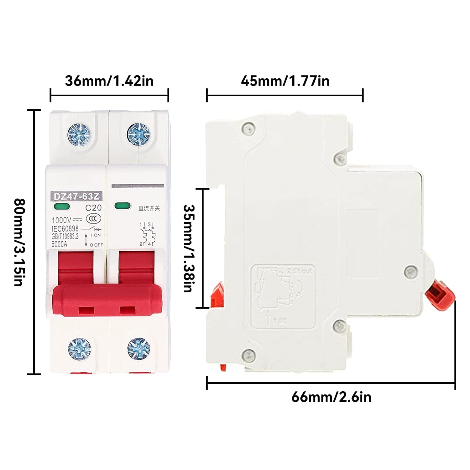 4 Pièces Disjoncteur Miniature 1000V DC 2P 20A Din Rail Mount Protection Contre Les Surcharges à Domicile Interrupteur D'air pour Lignes de Distribution D'éclairage Résidentiel Système PV Solaire