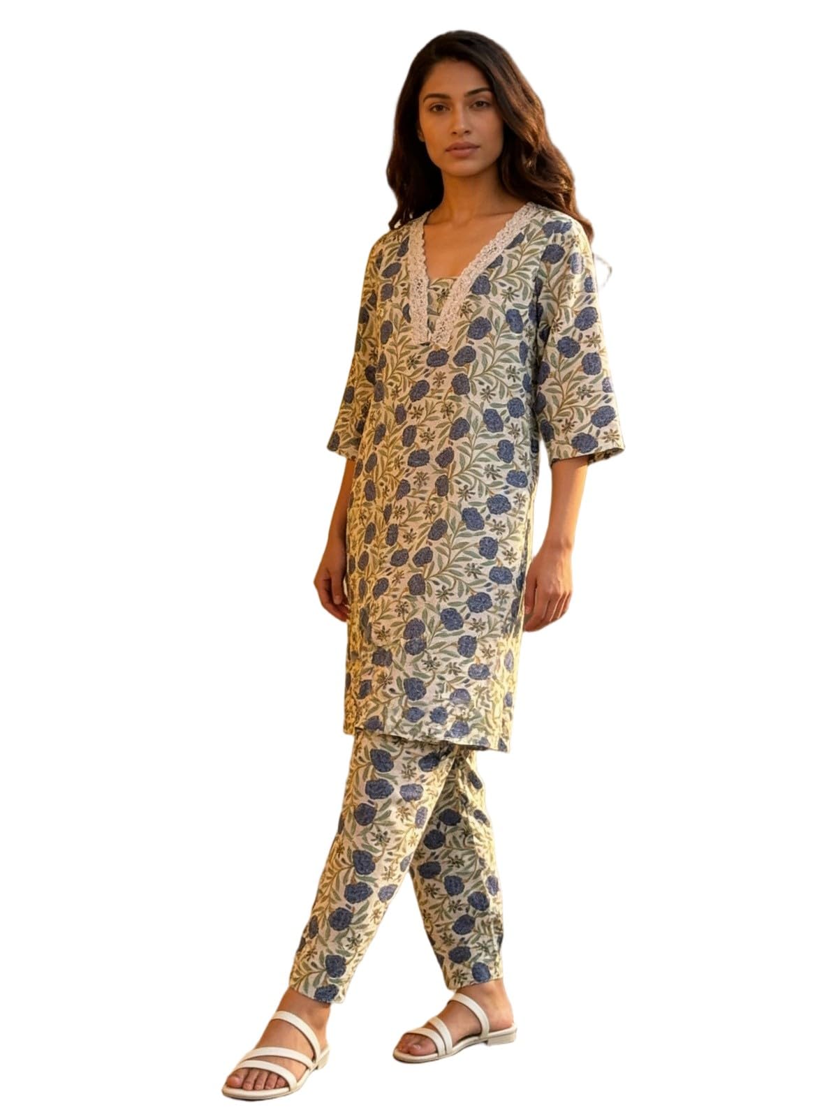 rangita Women Blue Cotton Printed Straight Co-Ord Set-picture-43