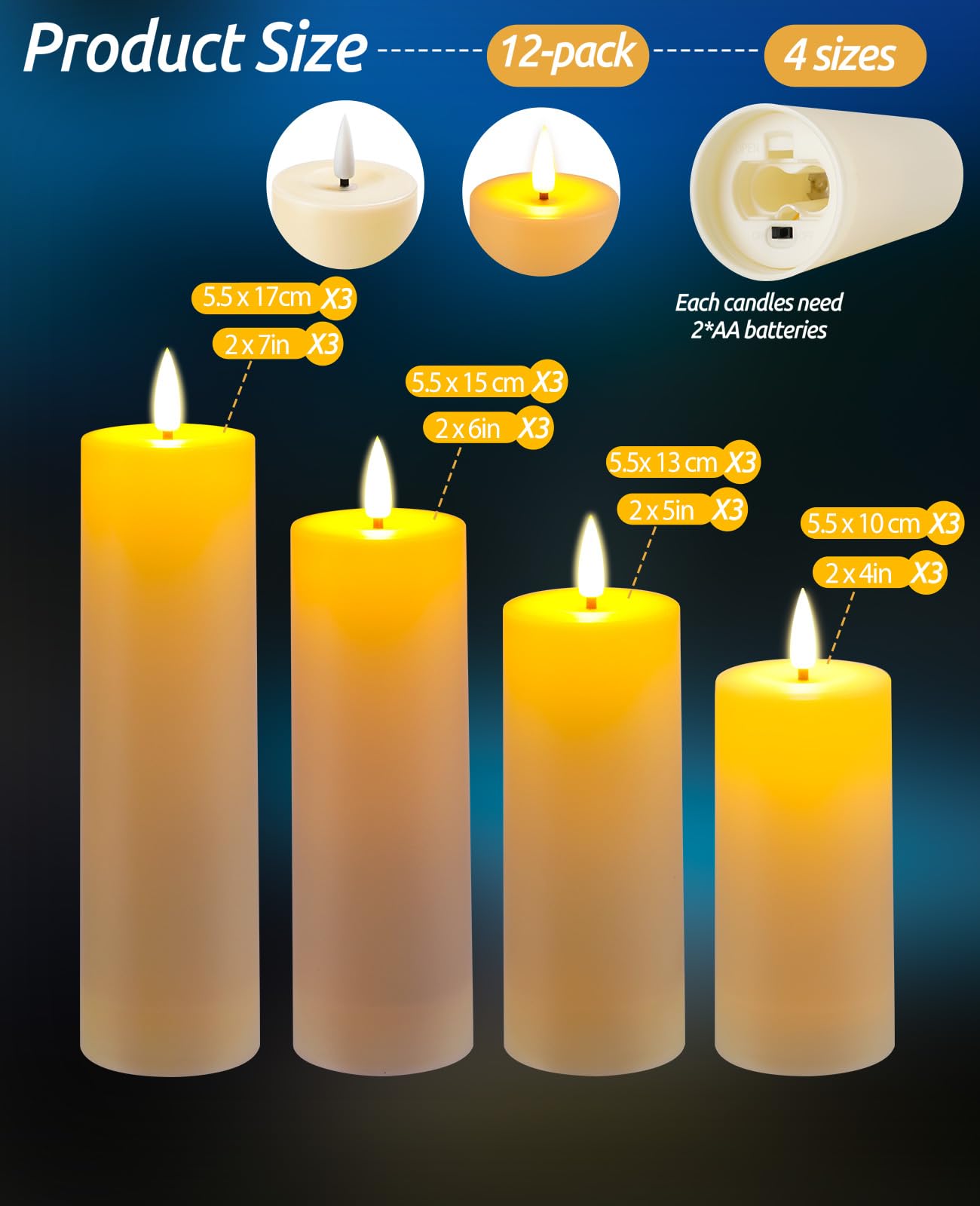 Candela a LED impermeabile, con telecomando, altezza 10 cm, 13 cm, 15 cm, 17 cm, resistente alle alte temperature, 12 pezzi.
