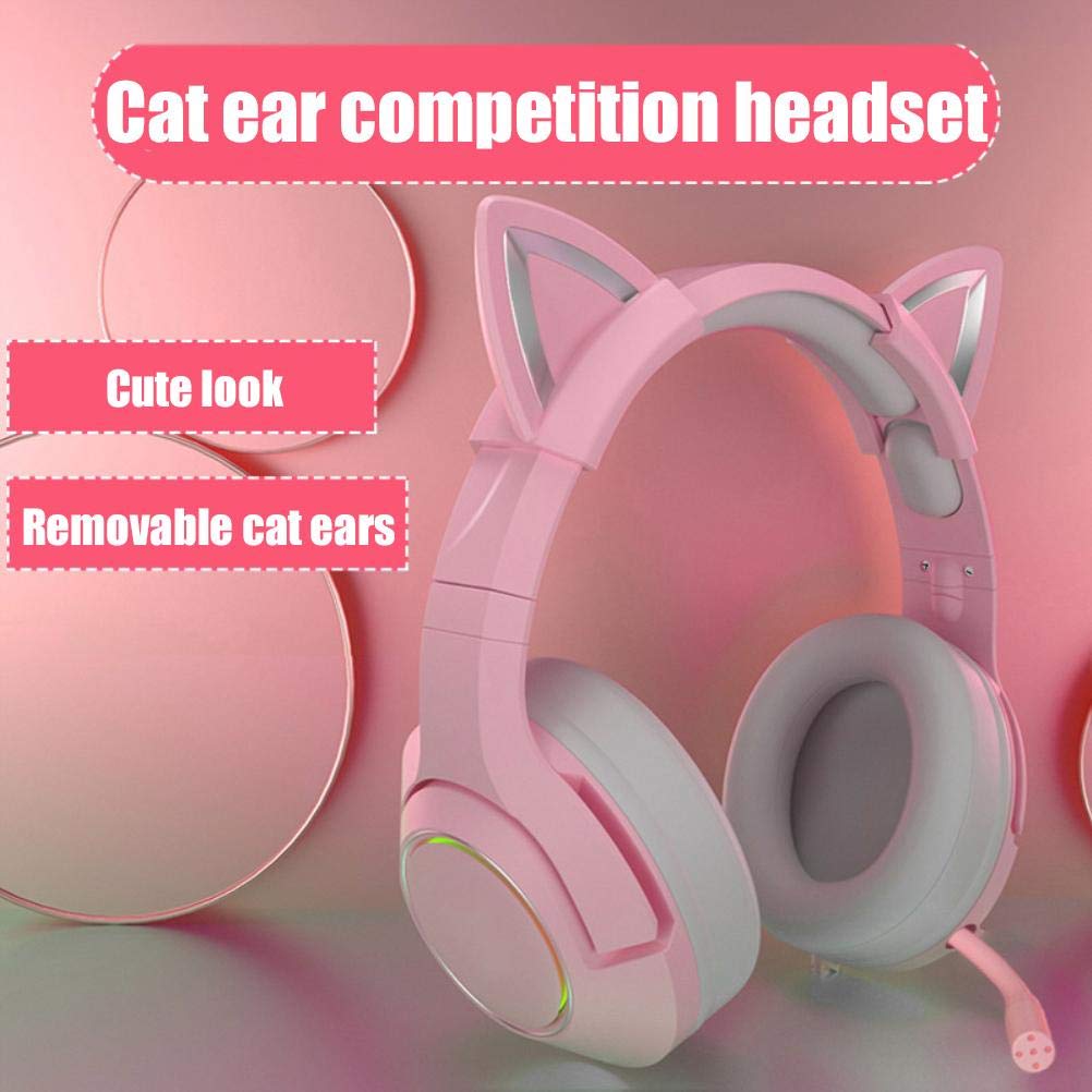 K9 Gaming-Headset mit abnehmbaren Katzenohren, rosa Katzenohren, Gaming-Kopfhörer, bequem, langlebig, mit Mikrofon, Head-mounted Headset