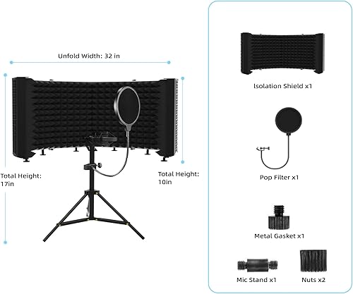 Miniatura 5 de Escudo de aislamiento de micrófono panel insonorizado plegable y ajustable para grabación, podcasting, cabina vocal, estudio y uso doméstico
