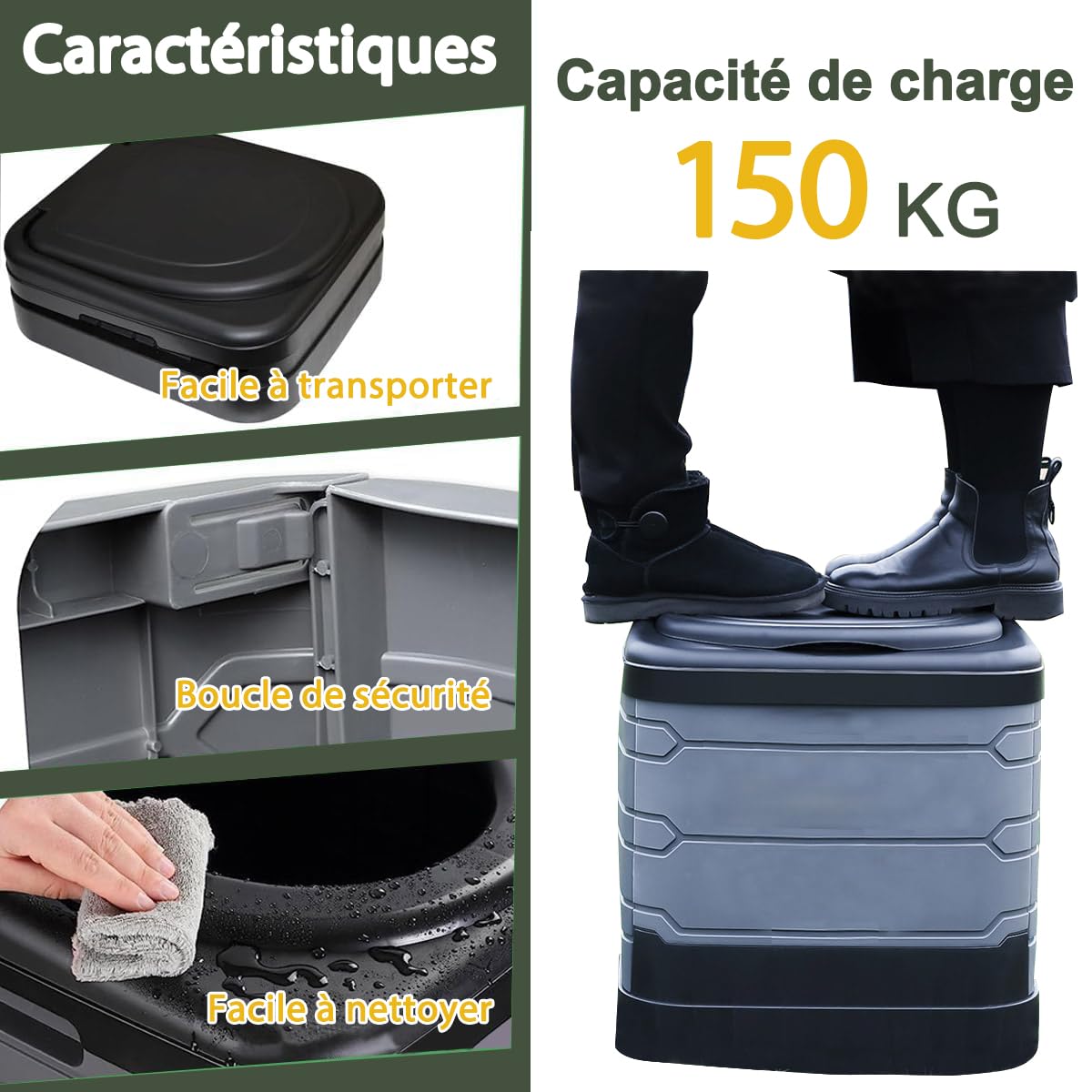 Toilettes de Camping Portables pour Adultes avec Couvercle, Toilettes Pliantes avec 20pc -80 x 90cm Sacs poubelles– Seau de Toilette Mobile Unisexe – Idéal pour Le Camping, la randonnée