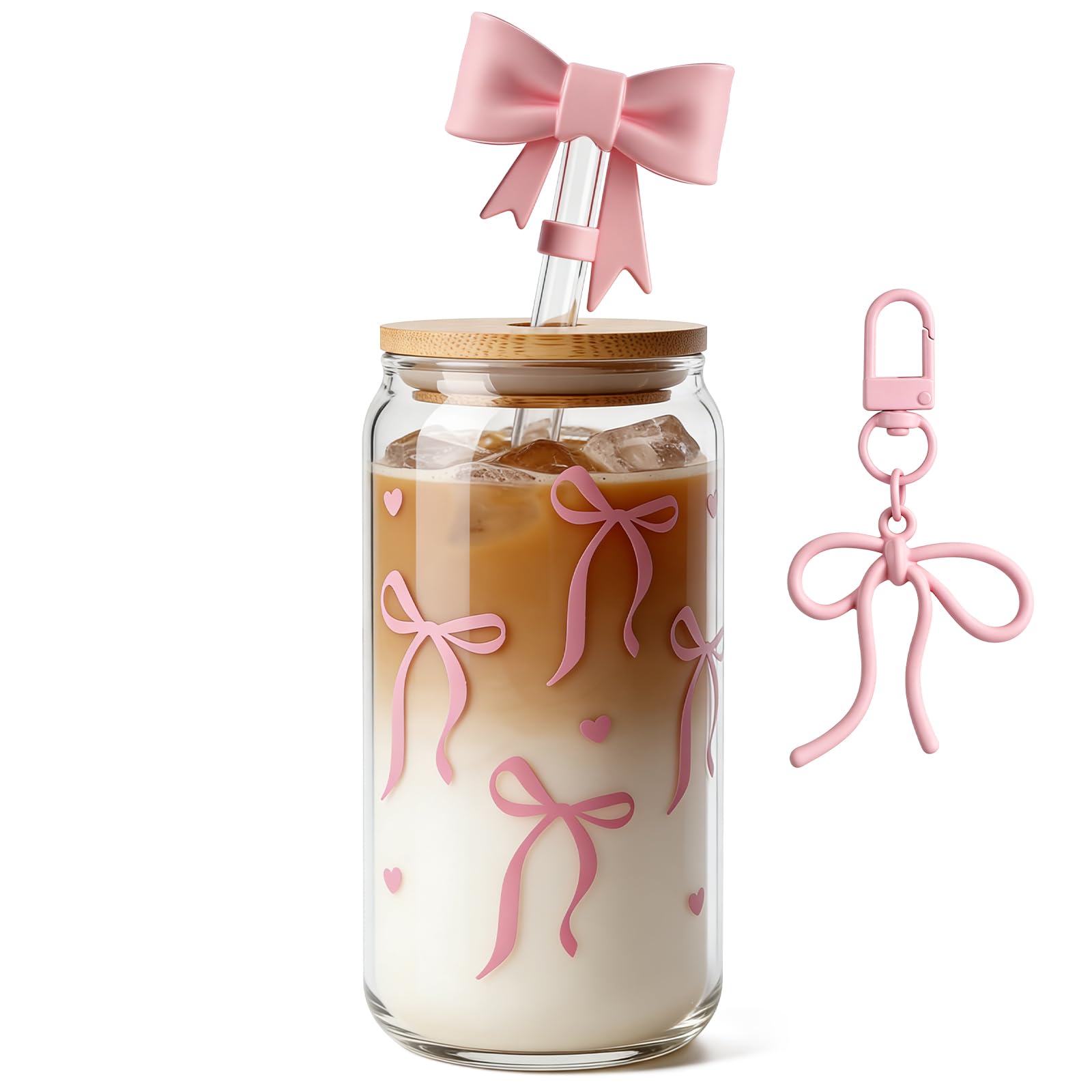 Mason Life Bow Glass Cup 18 OZ with Designs, Pink Bow Cup for Preppy Stuff, Cute Tumbler with Straw Cover & Keychain for Women Teen Girls Iced Coffee, Matcha and Smoothies