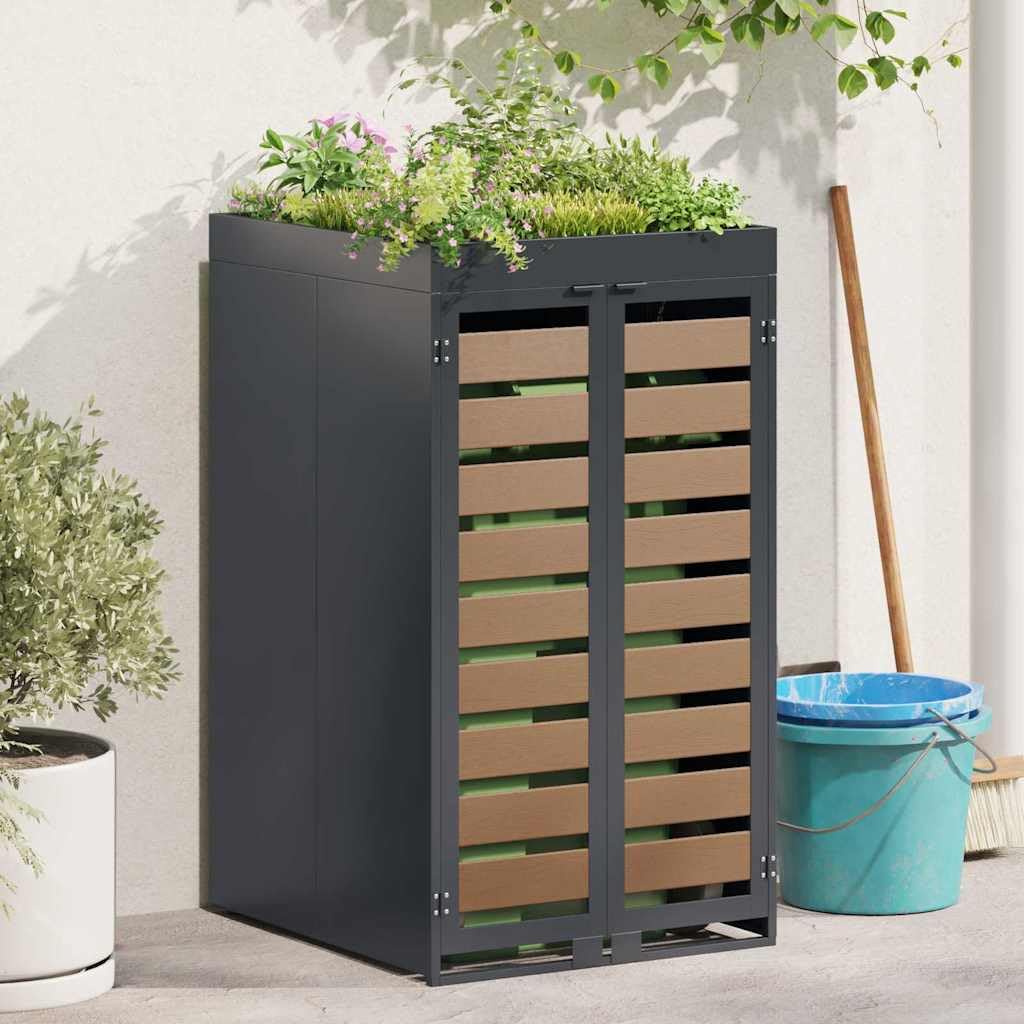 ACAGALA Copribidone per Spazzatura rifiuti 240L con Tetto a Fioriera, Antracite, Doppie Aperture e 2 Porte, Acciaio & HDPE Inox, Ventilato con Scarico, 65x73x113 cm