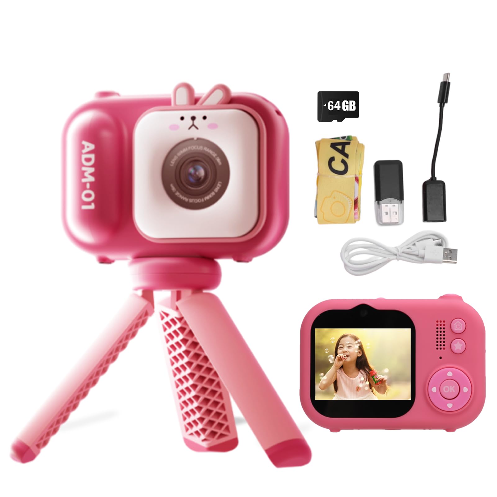 Kids Camera with Tripod, 48MP Children's Camera with 2.4 inch Screen, Dual Lens Digital Video Camera with 64GB TF Card, Gifts for Girls Boys (Red)
