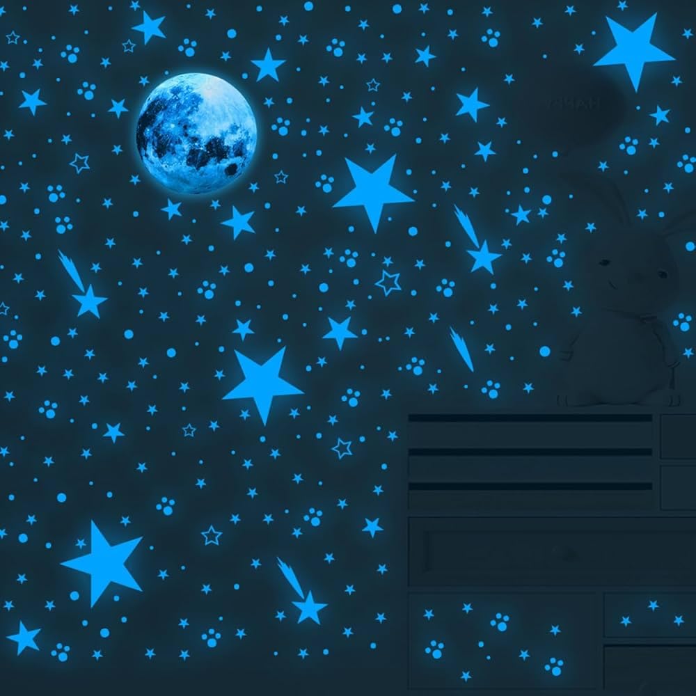 Glow in The Dark Stars Wall Stickers for Kids Room | Blue Moon & Stars Wall Decals for Bedroom | Night Sky Luminous Fluorescent Stickers | Nursery, Home Decor, Boys & Girls Room Ceiling Decoration-image-18