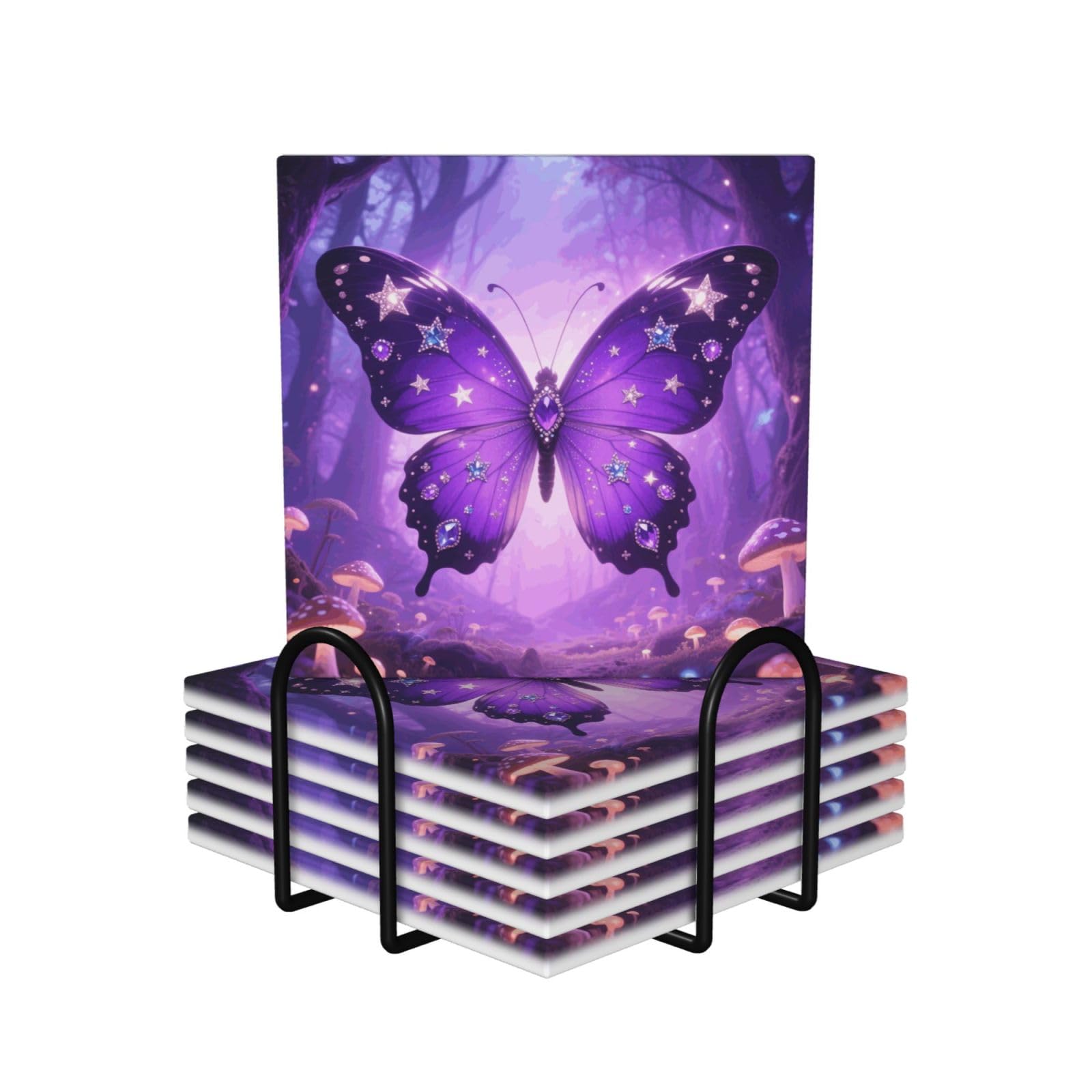 Sous-verres céramique absorbants lot de 6 avec base liège motif papillon violet