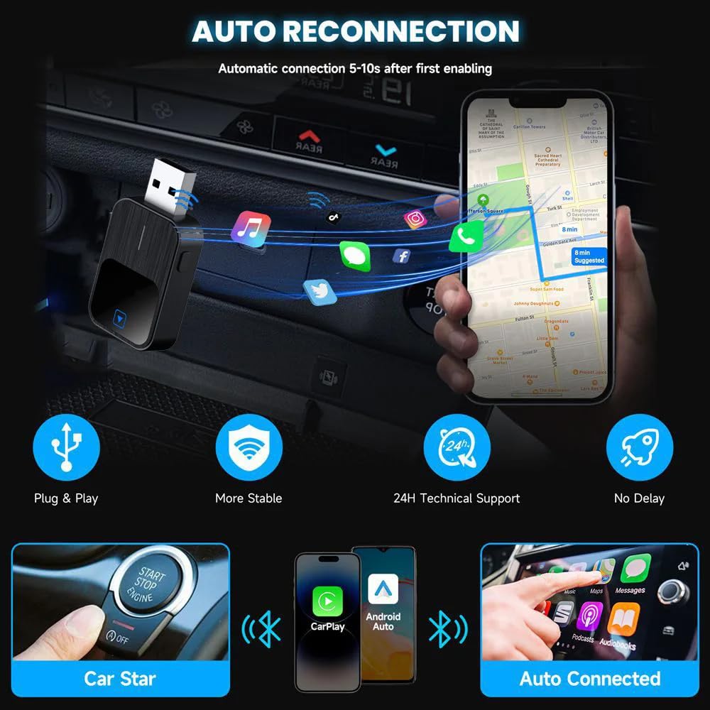2 in 1 Adattatore Wireless CarPlay - Compatibile con iPhone e Android Wireless Auto, USB/Type-C, MiNi-Stabile con Latenza Zero, Plug and Play, iOS 10+ e Veicoli Abilitati CarPlay