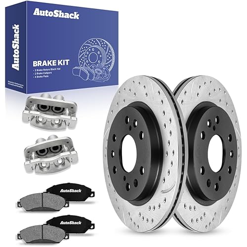 AutoShack Front Drilled & Slotted Brake Rotors Ceramic Brake Pads Calipers | Replacement for Chevrolet Silverado 1500 Tahoe GMC Sierra 1500 Yukon V8 4WD | E-Coated | 8-PC Brake Kit | ShadowGuard
