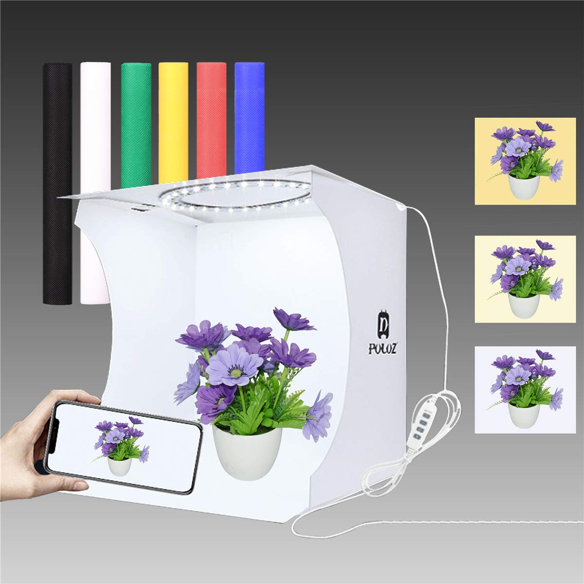 Mini Photo Studio Shooting Tent, 9" x 9" Ring Light Photo Box Adjustable Brightness and Color Temperature, JHS-TECH Small Foldable LED Light Box Softbox Kit with 6 Colors Backdrops for Photography