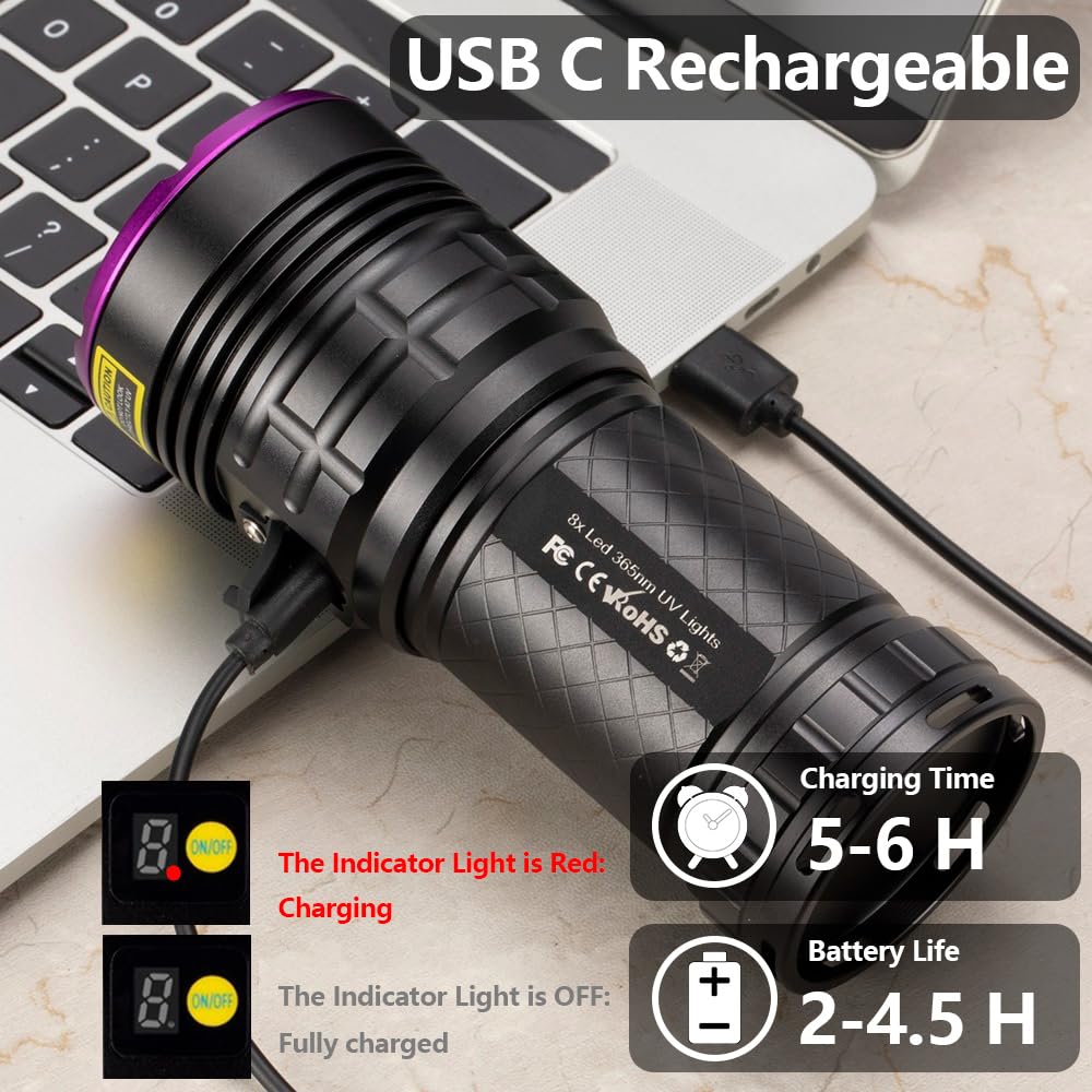 Alonefire SV118 365nm UV Taschenlampe 80W USB Aufladbar Digitale Anzeige Stark Schwarzlicht Haustierurin Detektor für Harz, Angeln, Skorpion, Bernstein, Mineralien mit UV Schutzbrille, Batterie