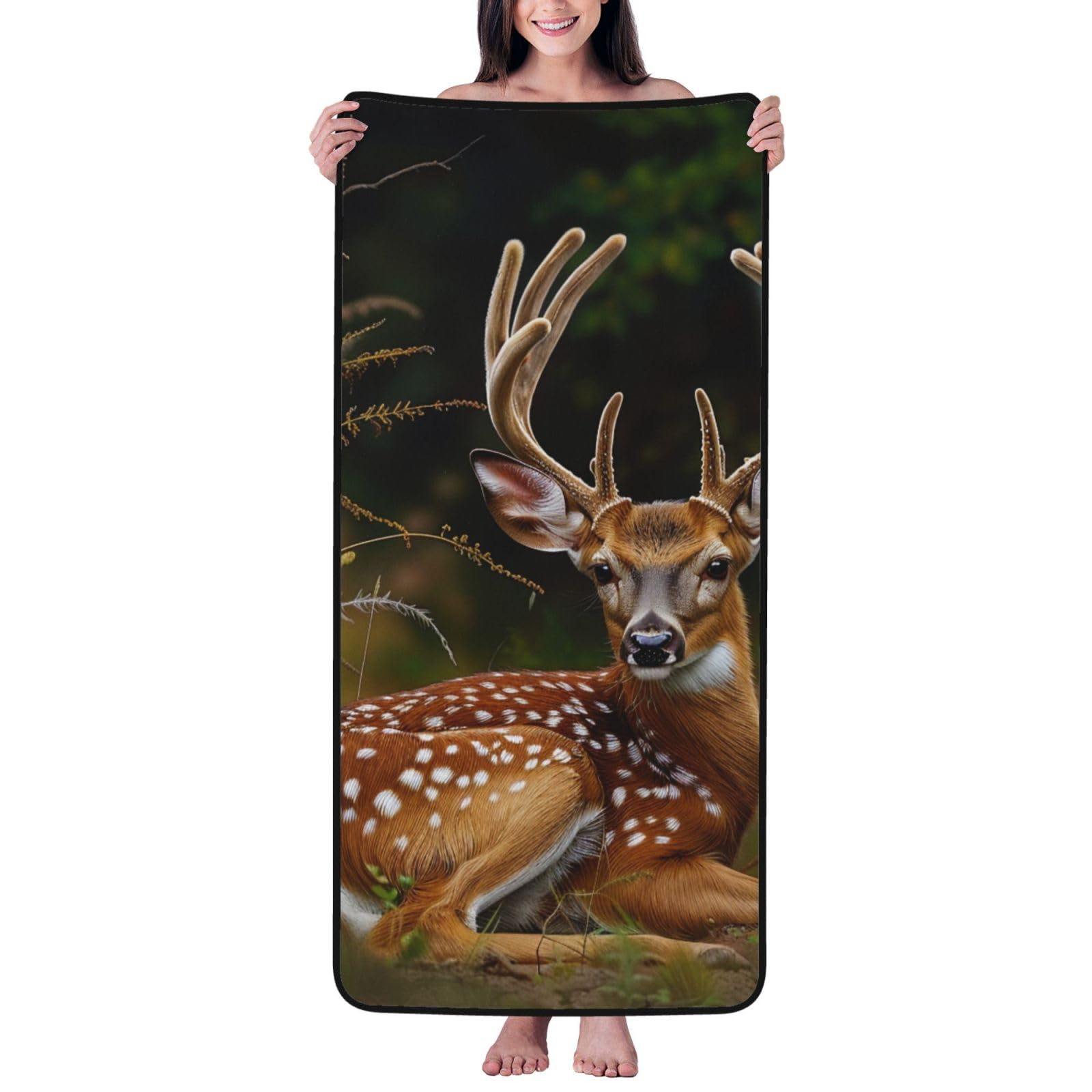 WPKJU Whitetail Deer Fawn in Wilderness Stag Printed Bath Towel with Black Edging - 27x55 in Soft Extra Absorbent Coral Velvet Shower Towels for Bathroom
