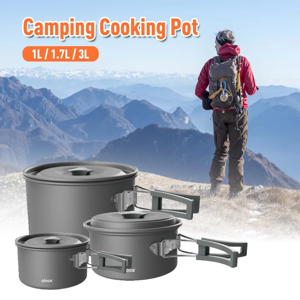 Camping Topf, Aluminiumlegierung Camping Kochtopf, Camping kochgeschirr 1L/1.7L/3L (optional), Outdoor Geschir Set mit Deckel und faltbarem Griff, für Camping Picknick Wandern