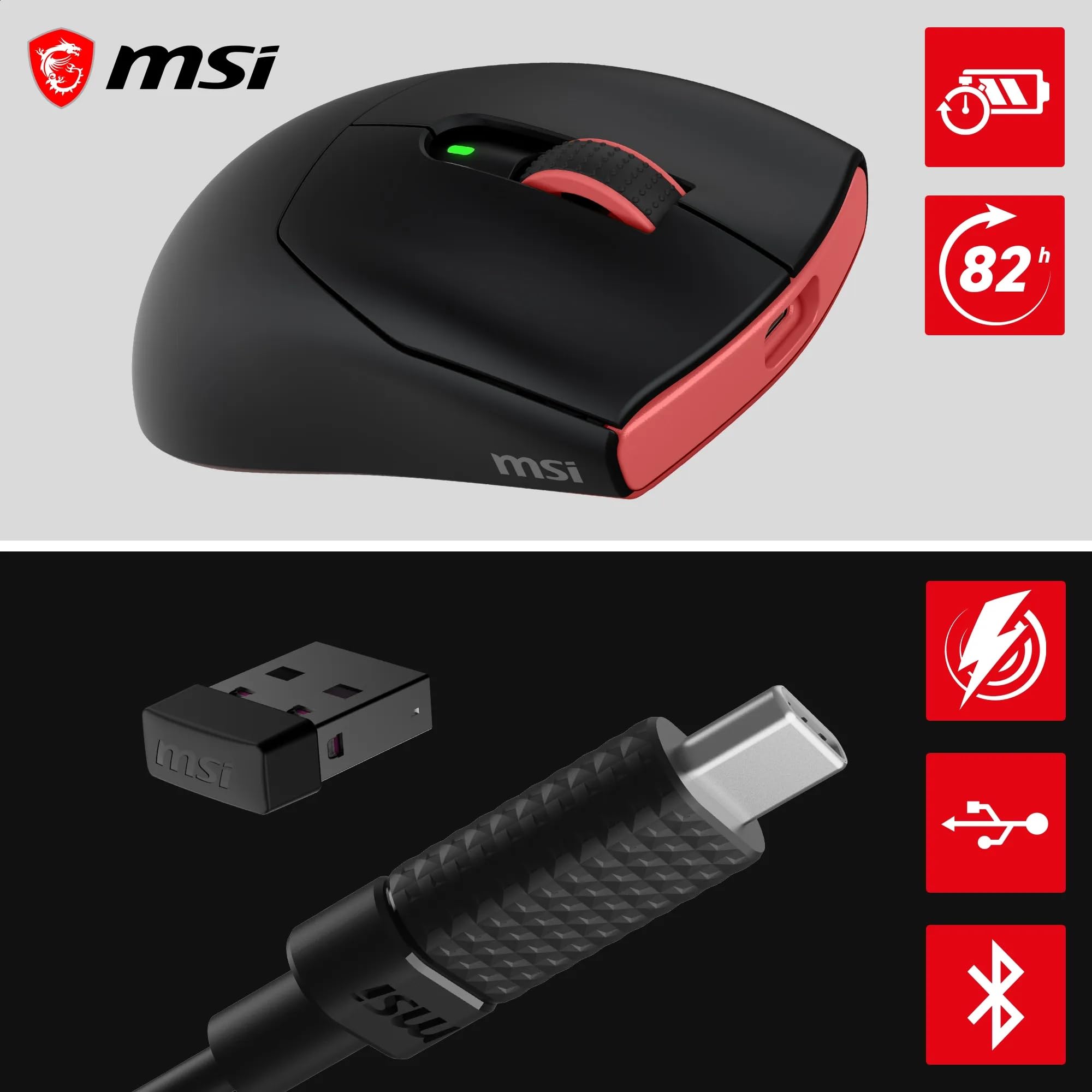 MSI Forge GM340 Wireless Black Bezprzewodowa/przewodowa mysz do gier, 12000 DPI, częstotliwość odpytywania 1000 Hz, symetryczna konstrukcja, 50+ milionów kliknięć, 6 przycisków, autonomia 82 godziny