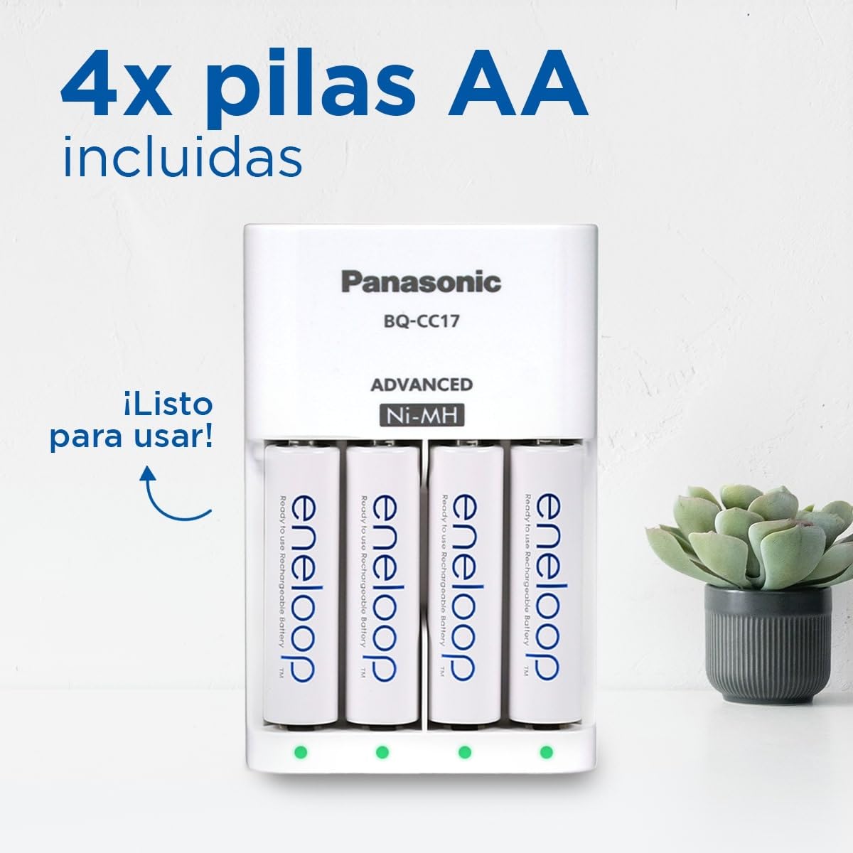 eneloop Smart. Cargador para 1 a 4 pilas AA/AAA Ni-MH con 4 pilas eneloop AA/Mignon de capacidad mejorada y 7 funciones de seguridad.