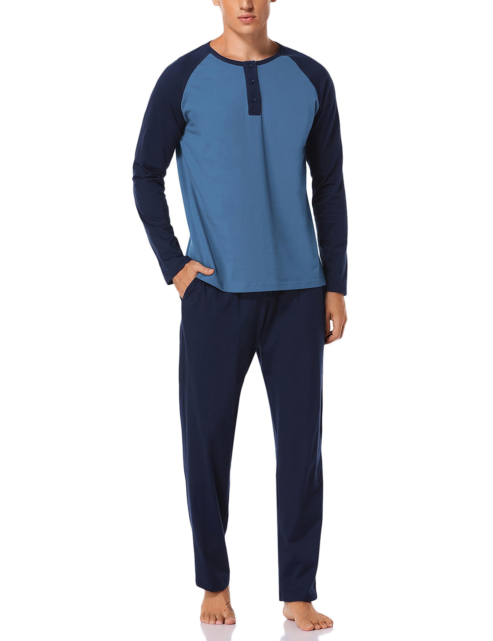Migcaput Pigiama Cotone da Uomo Set Lungo Comodo Pigiami Due Pezzi da Uomo Pigiama Manica Lunga Pigiama con Tasche con Bottoni
