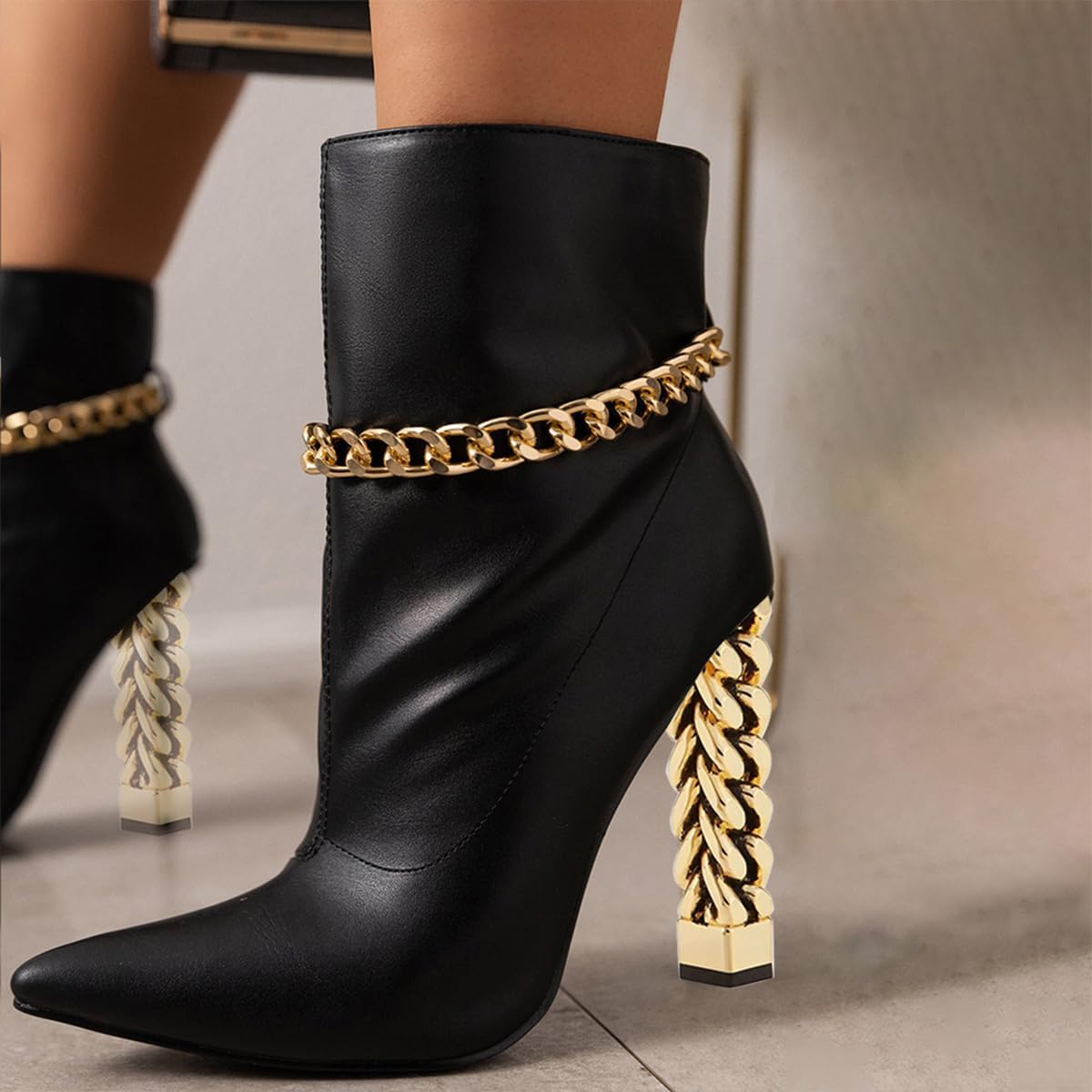 FSJ Women Pointed Toe Gold Chunky Heel Chain Around Ankle Boots Stylish Smooth Leather Warm Fall Winter Cocktail Dress Booties Size 4-16 US